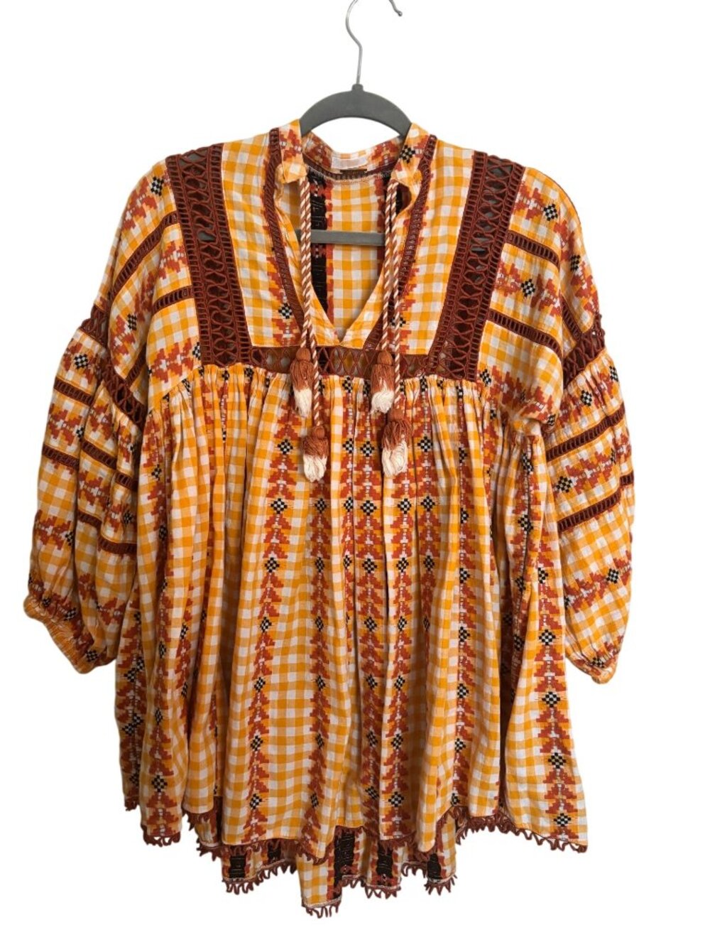 Dodo Bar Or Yellow Orange Boho Tunic Blouse Tassels Crochet Gingham Check